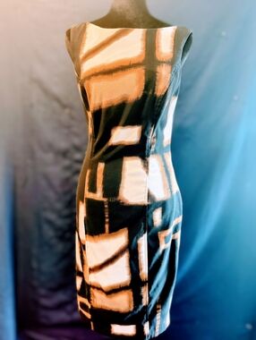 Cache Abstract Block-Print Midi Dress in Black Brown And White Sz 6